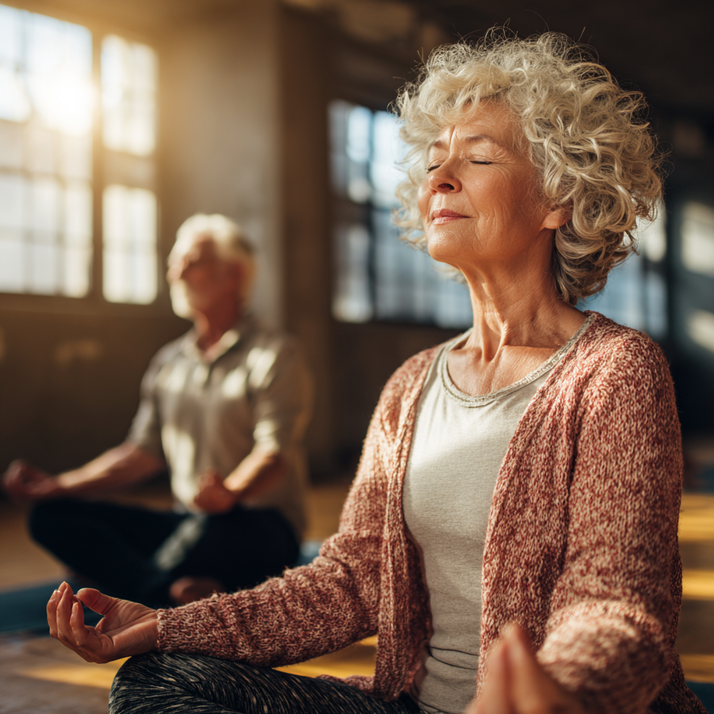 Older adults engaged in mindful yoga practice in natural light