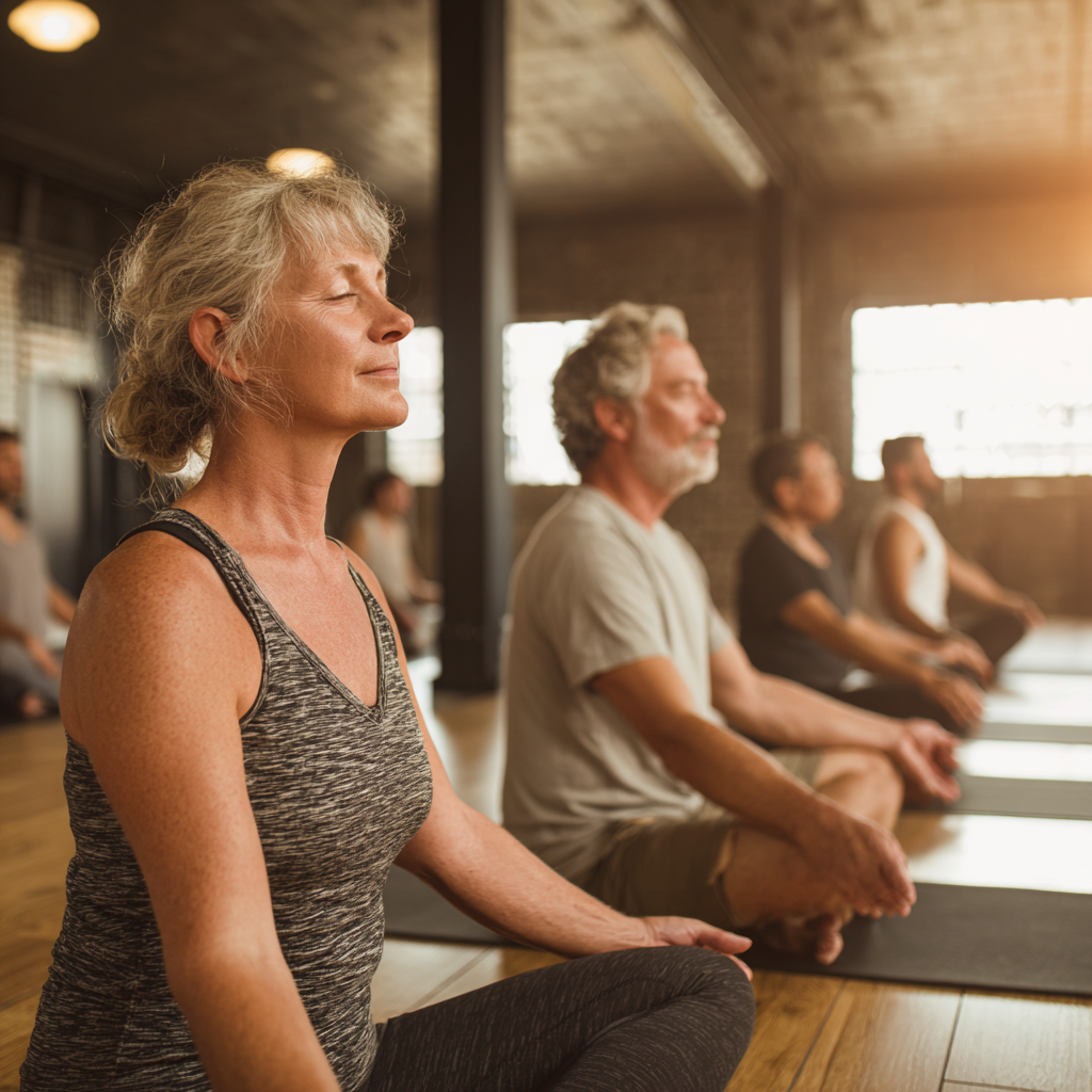 Serene yoga space with middle-aged adults practicing gentle poses